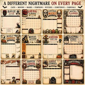 Puede incluir: Una colecci&oacute;n de doce p&aacute;ginas de planificador de estilo vintage tituladas A DIFFERENT NIGHTMARE ON EVERY PAGE. Cada p&aacute;gina presenta ilustraciones &uacute;nicas con tem&aacute;tica de Halloween, incluyendo gatos, lunas, m&aacute;scaras, calabazas, brujas, cementerios y carnavales.