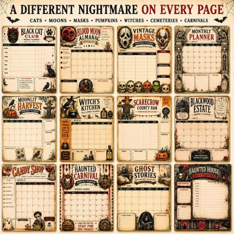 Puede incluir: Una colecci&oacute;n de doce p&aacute;ginas de planificador de estilo vintage tituladas A DIFFERENT NIGHTMARE ON EVERY PAGE. Cada p&aacute;gina presenta ilustraciones &uacute;nicas con tem&aacute;tica de Halloween, incluyendo gatos, lunas, m&aacute;scaras, calabazas, brujas, cementerios y carnavales.