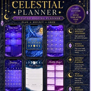 May include: A digital celestial planner featuring six smartphone screens displaying various templates including a weekly planner, yearly planner, monthly calendar, January calendar, meal planner, and monthly budget, all with purple and blue galaxy themes.