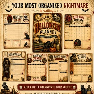 Puede incluir: Una colecci&oacute;n de p&aacute;ginas de planificador imprimibles con tem&aacute;tica de Halloween que presentan ilustraciones de estilo vintage de calaveras, gatos negros, calabazas y cuervos. El set incluye t&iacute;tulos como The Halloween Planner, Blood Moon Almanac y Haunted Carnival.