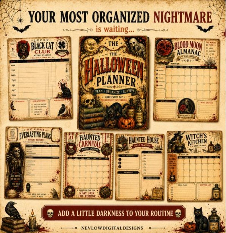 Puede incluir: Una colecci&oacute;n de p&aacute;ginas de planificador imprimibles con tem&aacute;tica de Halloween que presentan ilustraciones de estilo vintage de calaveras, gatos negros, calabazas y cuervos. El set incluye t&iacute;tulos como The Halloween Planner, Blood Moon Almanac y Haunted Carnival.