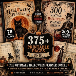 May include: A digital Halloween planner bundle featuring 375+ printable pages, 76-page planner, and 300+ vintage inserts. Includes graphics of a black cat, skeleton, and pumpkins. Text reads: The Halloween Planner, 300+ Vintage Halloween Planner Inserts, 8 x 11 inches.
