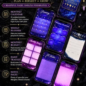 May include: An undated digital planner featuring a celestial theme with dark blue and purple nebula backgrounds. The display shows various pages including a monthly calendar, weekly planner, meal planner, budget tracker, habit tracker, and notes pages.