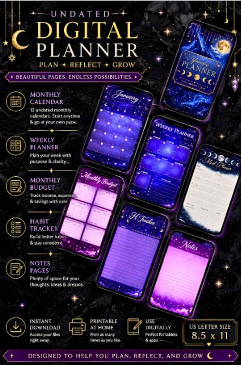 May include: An undated digital planner featuring a celestial theme with dark blue and purple nebula backgrounds. The display shows various pages including a monthly calendar, weekly planner, meal planner, budget tracker, habit tracker, and notes pages.
