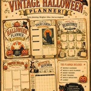 Puede incluir: Un planificador de Halloween de estilo vintage con ilustraciones de gatos negros, calabazas, una luna y un fantasma. El dise&ntilde;o incluye varias p&aacute;ginas de planificaci&oacute;n como agendas diarias, semanales y calendarios con texto como 'Vintage Halloween Planner'.