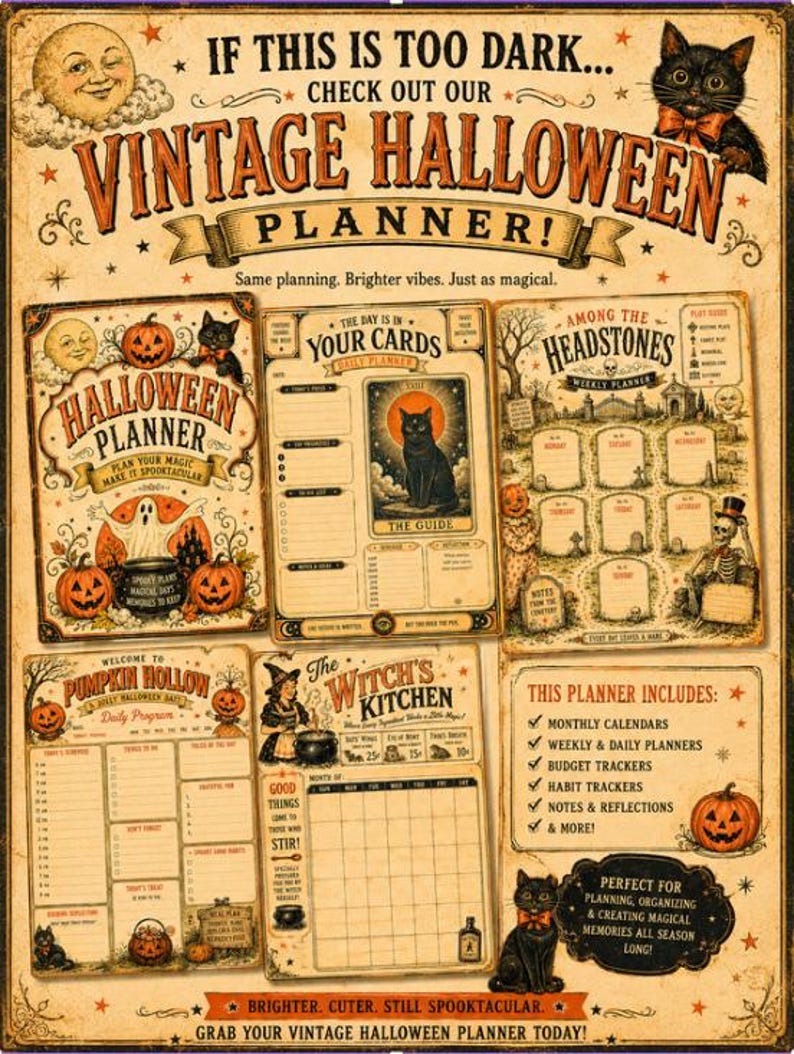 Puede incluir: Un planificador de Halloween de estilo vintage con ilustraciones de gatos negros, calabazas, una luna y un fantasma. El dise&ntilde;o incluye varias p&aacute;ginas de planificaci&oacute;n como agendas diarias, semanales y calendarios con texto como 'Vintage Halloween Planner'.