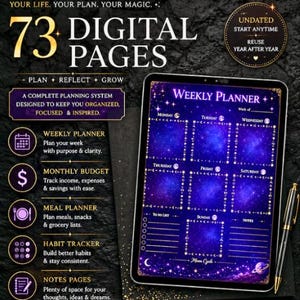 May include: A digital weekly planner displayed on a tablet screen featuring a deep blue galaxy background with gold celestial borders. The interface includes sections for each day of the week, a to-do list, and notes. A black pen rests beside the tablet.