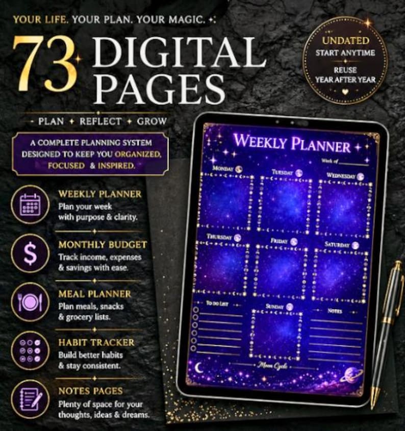 May include: A digital weekly planner displayed on a tablet screen featuring a deep blue galaxy background with gold celestial borders. The interface includes sections for each day of the week, a to-do list, and notes. A black pen rests beside the tablet.