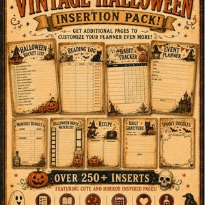 Puede incluir: Un paquete de inserciones para agenda de Halloween vintage con m&aacute;s de 250 p&aacute;ginas ilustradas con calabazas, fantasmas, gatos y calaveras. El texto incluye t&iacute;tulos como Halloween Bucket List, Reading Log, Habit Tracker, Event Planner y Spooky Doodles.