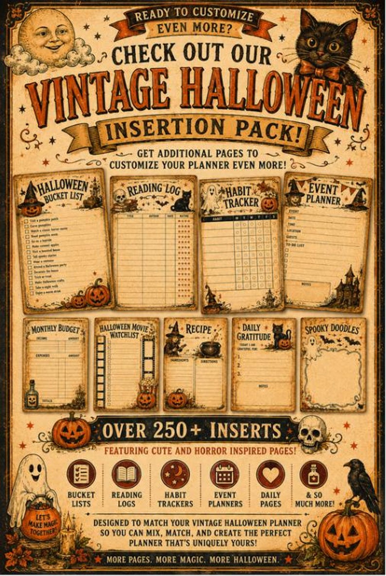Puede incluir: Un paquete de inserciones para agenda de Halloween vintage con m&aacute;s de 250 p&aacute;ginas ilustradas con calabazas, fantasmas, gatos y calaveras. El texto incluye t&iacute;tulos como Halloween Bucket List, Reading Log, Habit Tracker, Event Planner y Spooky Doodles.