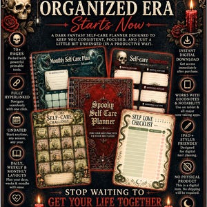 May include: A digital self-care planner with a dark fantasy theme. The image features a planner with a red cover, skulls, roses, and text that reads "Your Most Organized Era Starts Now." Includes self-care challenges, checklists, and undated layouts.