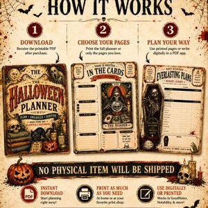 Puede incluir: Una gu&iacute;a de planificaci&oacute;n digital para Halloween que incluye tres secciones: una portada con una calavera y un gato, una p&aacute;gina de planificador diario con una ilustraci&oacute;n de tarot y un registro presupuestario con un esqueleto, todo con gr&aacute;ficos vintage.
