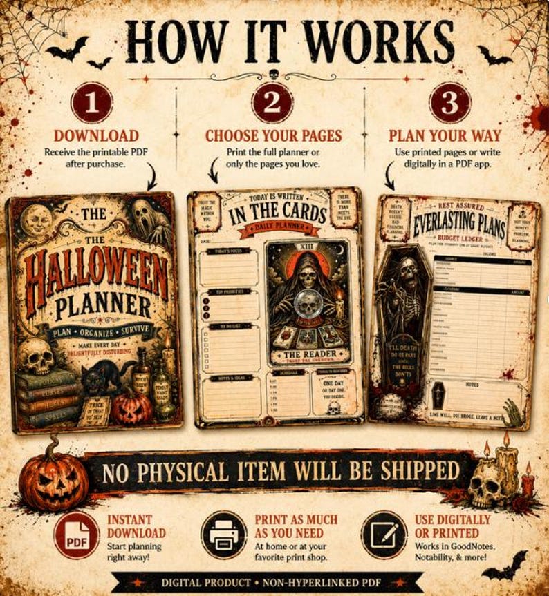 Puede incluir: Una gu&iacute;a de planificaci&oacute;n digital para Halloween que incluye tres secciones: una portada con una calavera y un gato, una p&aacute;gina de planificador diario con una ilustraci&oacute;n de tarot y un registro presupuestario con un esqueleto, todo con gr&aacute;ficos vintage.