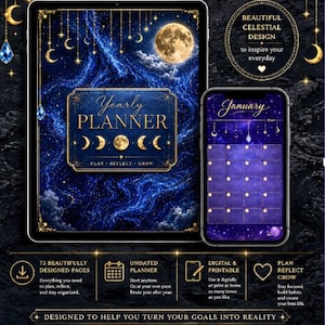 May include: A digital yearly planner displayed on a tablet and smartphone screen, featuring a dark blue celestial background with gold moon phases, stars, and clouds. The text reads Yearly Planner, Plan, Reflect, Grow, and January, with US Letter Size 8.5 x 11.