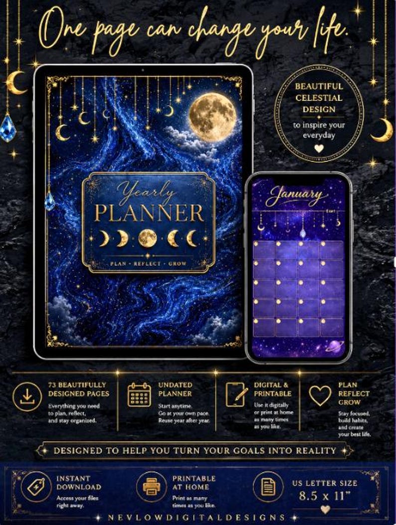 May include: A digital yearly planner displayed on a tablet and smartphone screen, featuring a dark blue celestial background with gold moon phases, stars, and clouds. The text reads Yearly Planner, Plan, Reflect, Grow, and January, with US Letter Size 8.5 x 11.