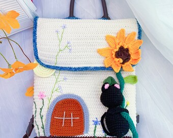 Crochet Shoulder Bag, Unique Gift Idea, Black Cat Backpack, Mobile Phone Bag, Sympathy Gifts, Thoughtful Mother's Day Present, Gifts