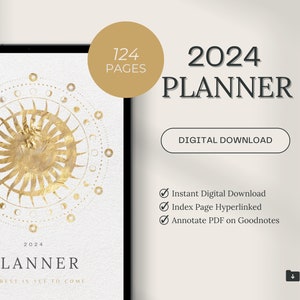 Puede incluir: Un planificador digital para 2024 con un diseño de sol y luna dorado. El planificador tiene 124 páginas e incluye una página de índice con hipervínculos. Se puede anotar en Goodnotes.