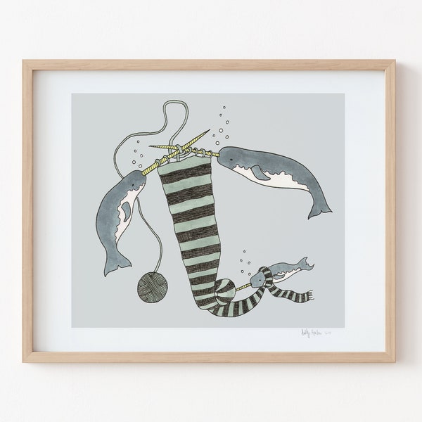 Knitting Narwhals print, unframed