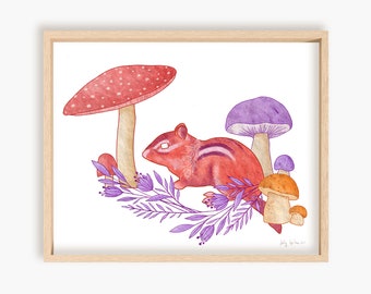 Chipmunk and Mushrooms Print, unframed