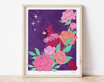 Cardinal and Peonies Print, unframed