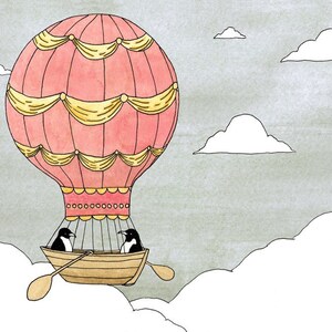 May include: Two penguins in a small boat are riding in a hot air balloon. The balloon is pink with yellow accents and is floating in a cloudy sky.