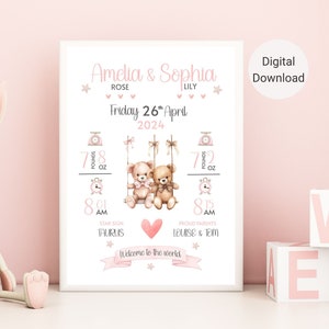 "Geburtsankündigung für Zwillings-Mädchen - ""Baby Stats"" Wandkunst - Neugeborenen Kinderzimmer Dekor für Zwillinge - Neues Baby Poster für Schwestern."
