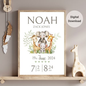 Geburtsdetails, Safari-Dschungeltierdruck, Babynamendruck, Geburtsgeschenk, Geschenke zur Taufe, Neugeborenengeschenk, Geburtsgeschenk