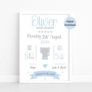 Birth Details Print, New baby boy gift, Christening present, On the day you were born poster,Newborn keepsake,Custom details, Elephant theme