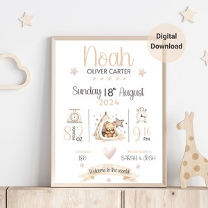 Personalisierter Geburts-Detail-Druck - Benutzerdefinierte Neugeborenen-Andenken fürs Kinderzimmer, Baby Name Stats Poster mit Teddybär - Willkommen in der Welt Geschenk
