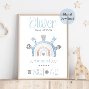 Digitales Safari Baby Geburtsposter | Personalisierte Dschungel Thema Tiere Druck | Ideales Geschenk für Neugeborene oder Babyparty Geschenk | Willkommen auf der Welt