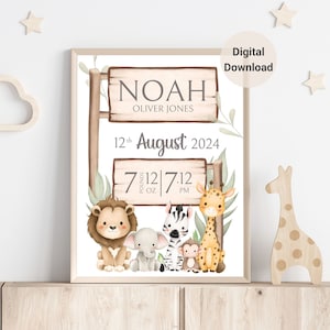 Cartel de nacimiento de bebé de Safari digital / Impresión personalizada de animales temáticos de la selva / Regalo ideal para recién nacidos o regalo de baby shower /Bienvenido al mundo