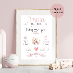 Geburtsdetails Druck, neues Baby-Mädchen Geschenk, Taufgeschenk, auf dem Tag du geboren wurdest Plakat, Neugeborenen Baby-Andenken, kundenspezifische Baby Details