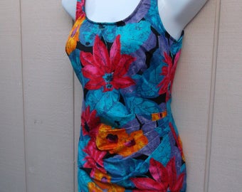 Vintage Blue Floral Swimsuit by Maxine of Hollywood / swimdress bathing suit / Size Med