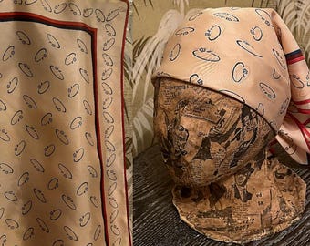 70s Tan and Red Scarf ~ Circles with flowers print // headscarf / bandana or neck scarf - measures 23" x 23"