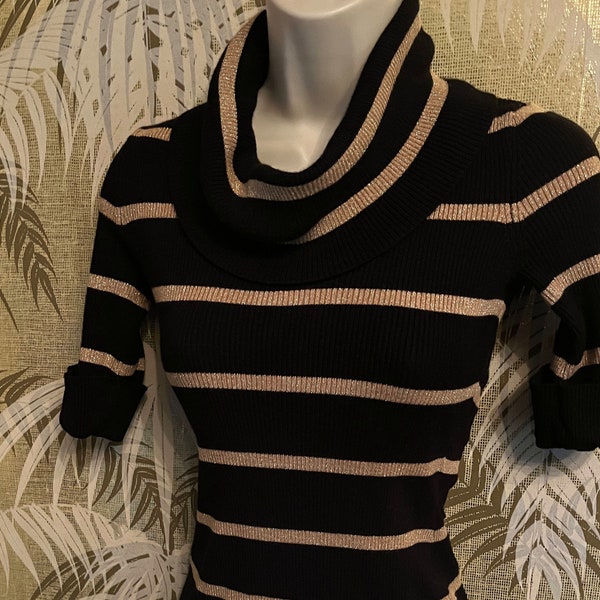 VTG KORET Francesca Petites XS Metallic Gold and Black Striped Knit Cowl Neck Sweater 1/2 Sleeve Top ~ Size P2 32" Bust