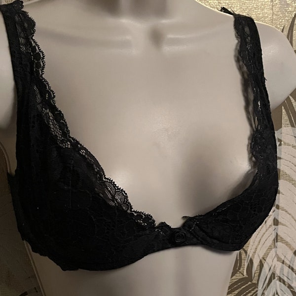 Vintage Victoria's Secret Black Lace Plunging Neckline Bra ~ Sz 34C