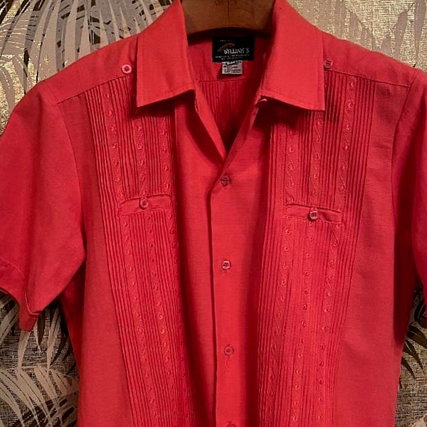 Vintage Guayabera LINEN Shirt ~ William's Coral Embroidered Guayaberas Finas Shirt ~ Sz 40 ~ Lge  Yucateca Button Down Cabana