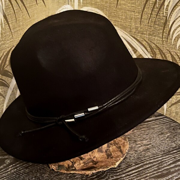 Vintage 100% Wool Black Fedora Formal Cowboy Wide Brim Unisex Crushable Hat // Sz Adult Med