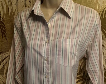 80s Vintage Preppy Academia Oxford Shirt ~ Cherry Stix Blouse / Sz Med ~ Lge / Lavender Purple and Teal Striped
