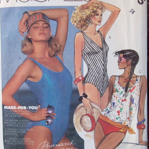 UNCUT McCall's Scoop Neck V-Neck Blouson One-Piece Bathing suits ~ Made-for-You ~ 80s Swimsuit Sewing Pattern 2535 - Size 14 Bust 36