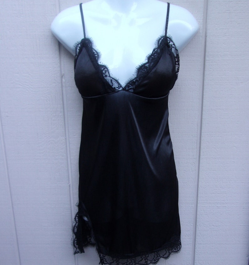 Vintage Nylon Stretch Tricot Chemise Black short slip nightgown size Lge