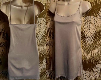 90s Vintage Mini Slip Chemise ~ Nylon Tricot Beige Stretch Jersey Mini Dress Slip / Size 10-12 ~ Med