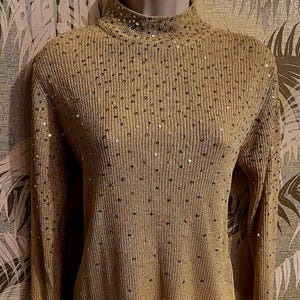 90s Vintage Gold Metallic Sequin Embellished Mockneck Rib Knit TOP ~ Turtleneck