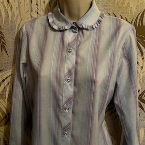 70s Vintage Shirt Accent Blouse with ruffled Peter Pan Collar Neckline ~ Size 10 / Blue and Lavender Striped