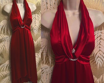 Vtge My Michelle Slinky Jersey Knit A-Line Bombshell Halter Dress ~ Size 10-12 / Plunging Neckline