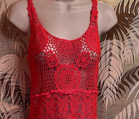 Vtge Cotton Crochet Lace Dress ~ 90s Orange Dyed … - image 2