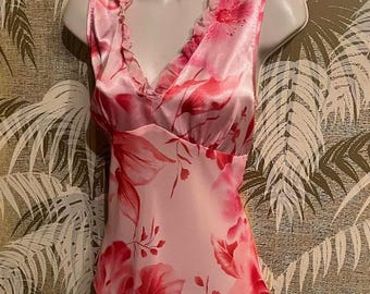 Vintage 90s INNER MOST Pink Floral Ruffle Camisole ~ Silky Poly Size 6 - 8