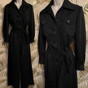 Vintage 70s Black Polyester Doubleknit Jumpsuit Pantsuit ~ Wide Leg Palazzo Pants Maxi Dress look // Sz 8 - 10