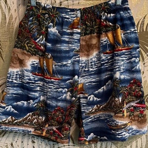 Vintage Hawaiian Nylon Swim Trunks ~ boardshorts 36 to 38 Waist / Blue Hawaii Seascape Print