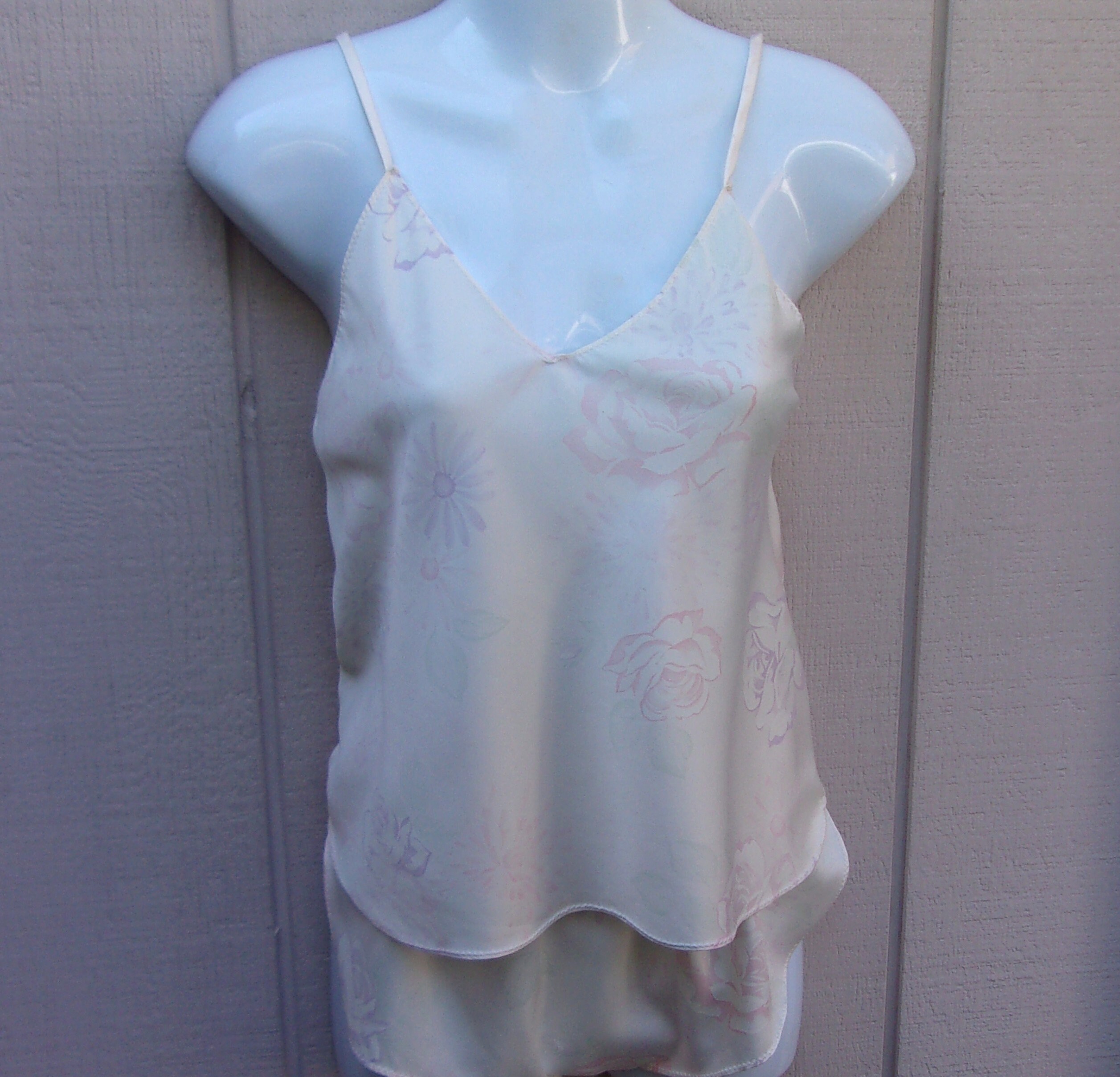 80s SAMYE Vtge Ivory Floral Poly Satin 2-piece Panties and Camisole Set Flapper Retro Tap Pants Style Size Med